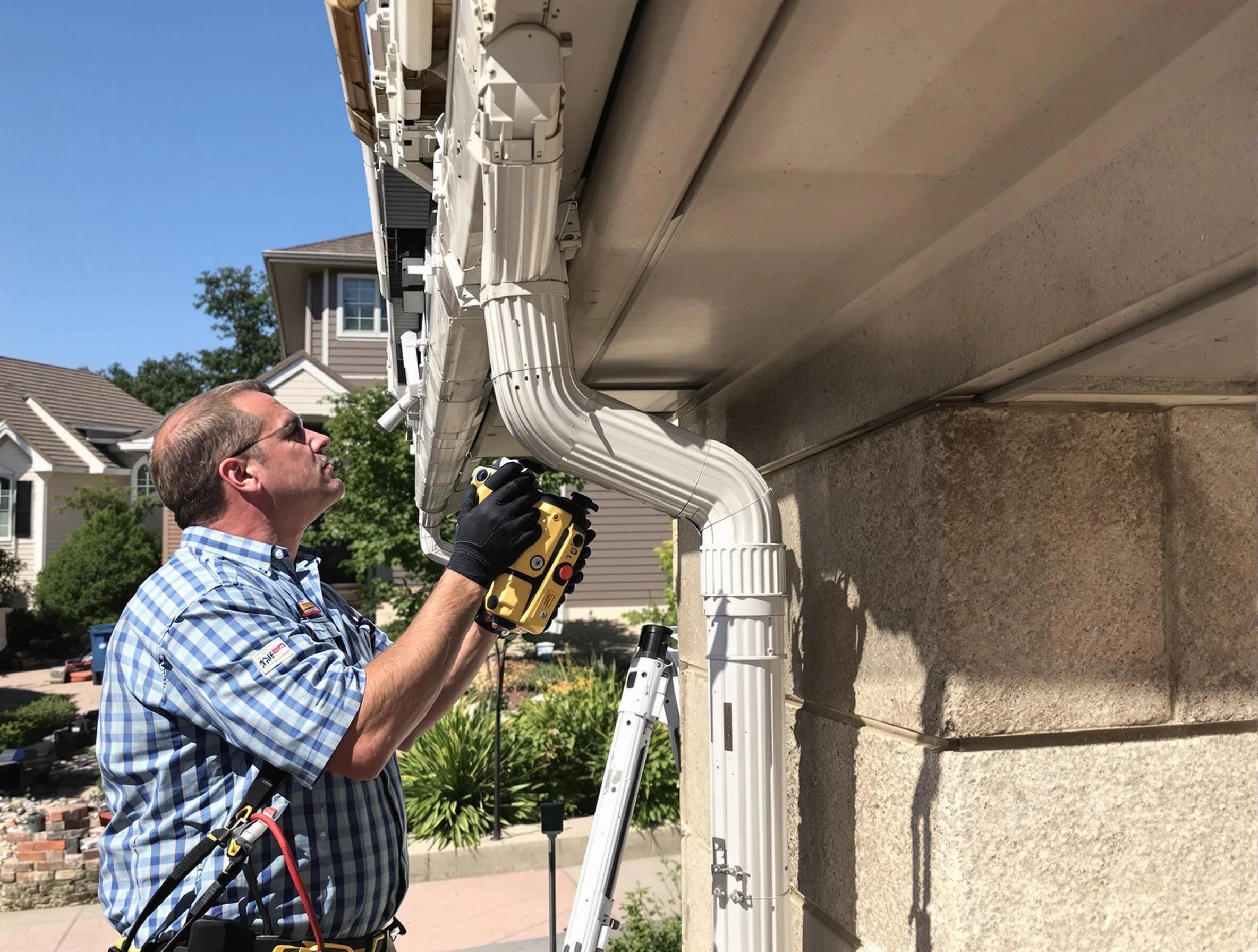 Close-up of a restored downspout system by Cleveland Heights Roofing Company in Cleveland Heights, OH