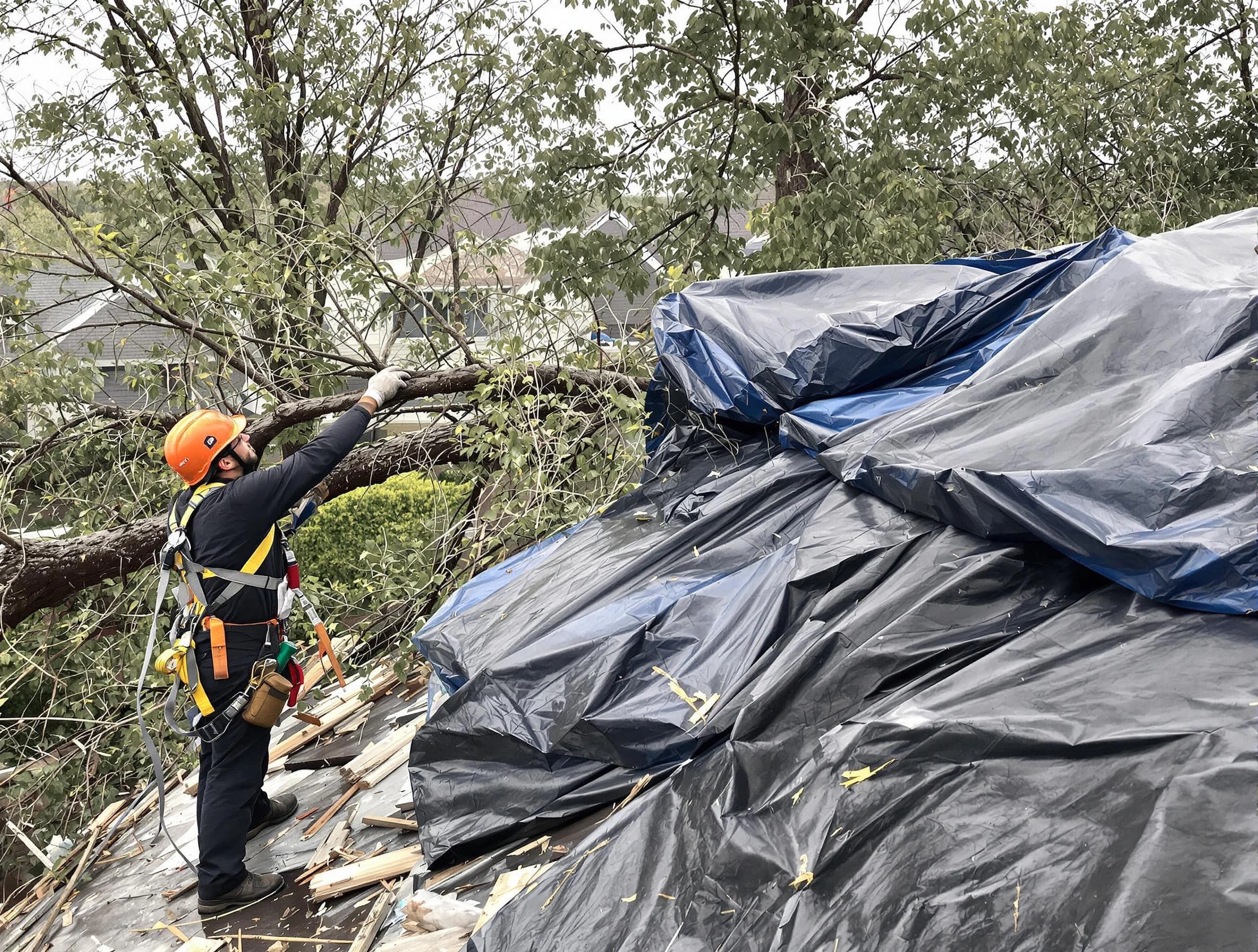 A tarped roof after storm damage repaired by Cleveland Heights Roofing Company in Cleveland Heights, OH