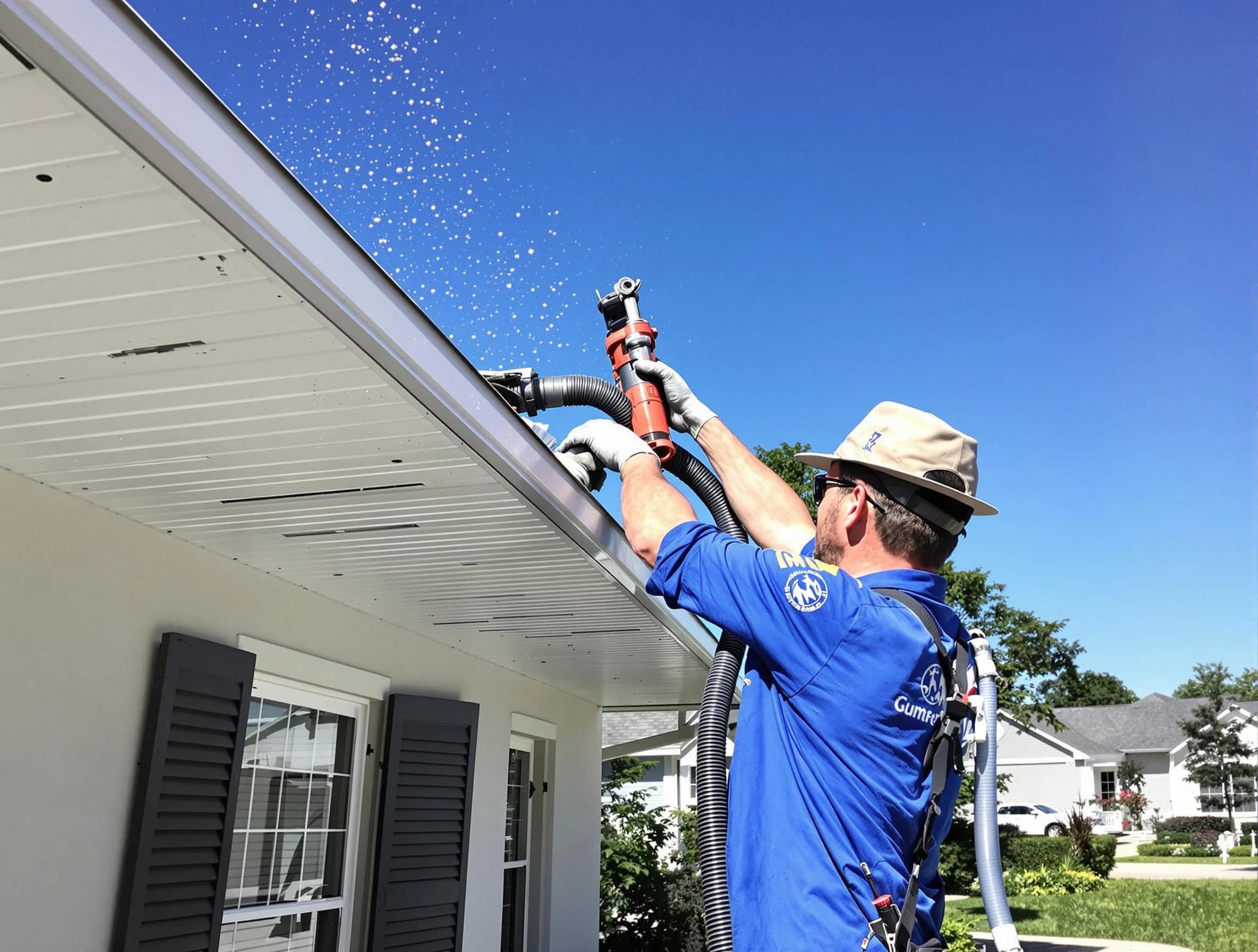 Technician completing a gutter cleaning project by Cleveland Heights Roofing Company in Cleveland Heights, OH