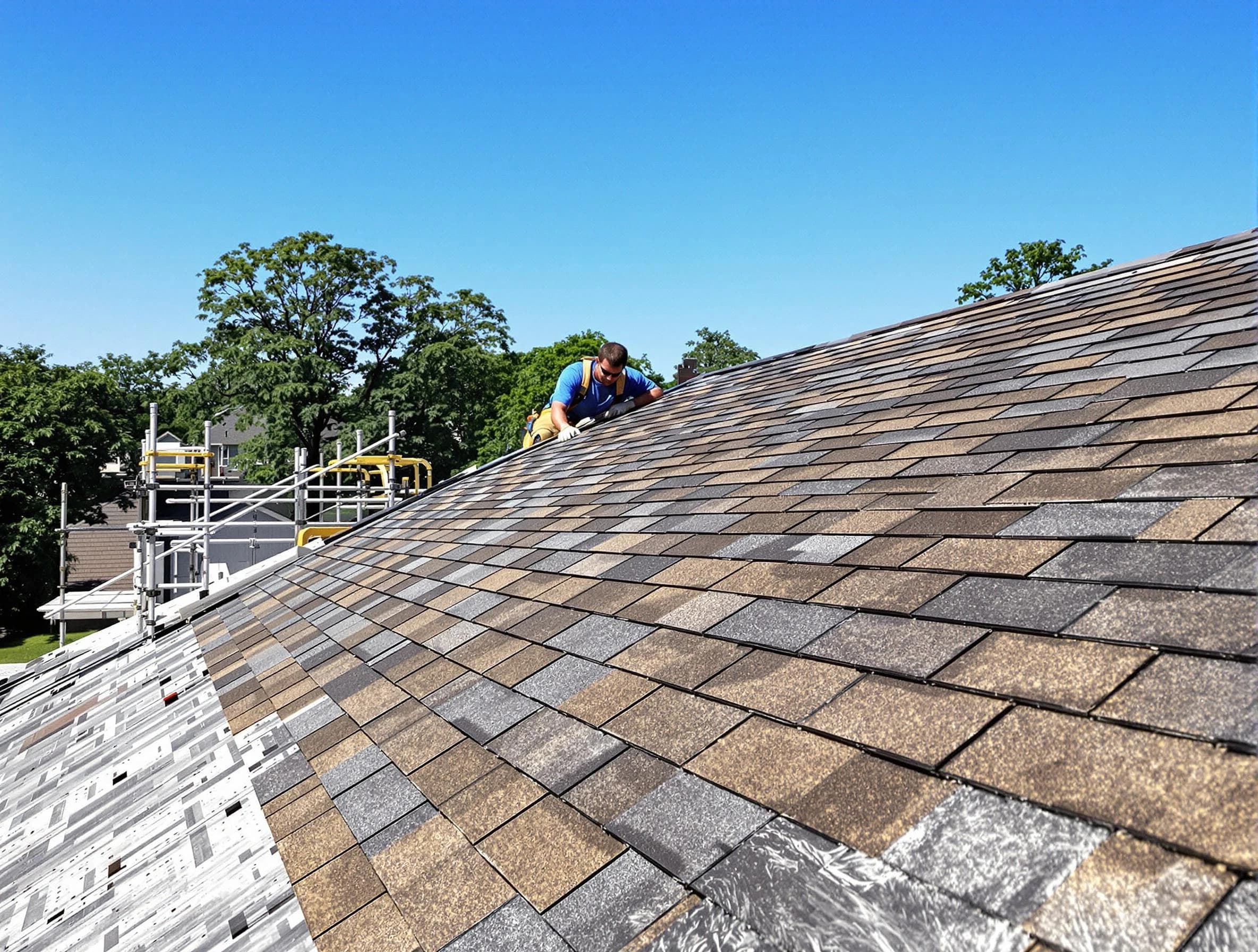 Close-up of new shingles installed by Cleveland Heights Roofing Company in Cleveland Heights, OH